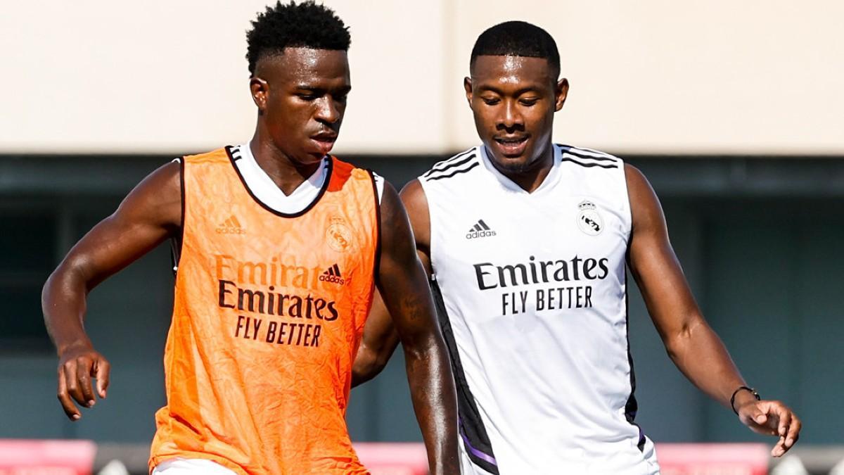 Vinicius y Alaba, en el entrenamiento de esta tarde