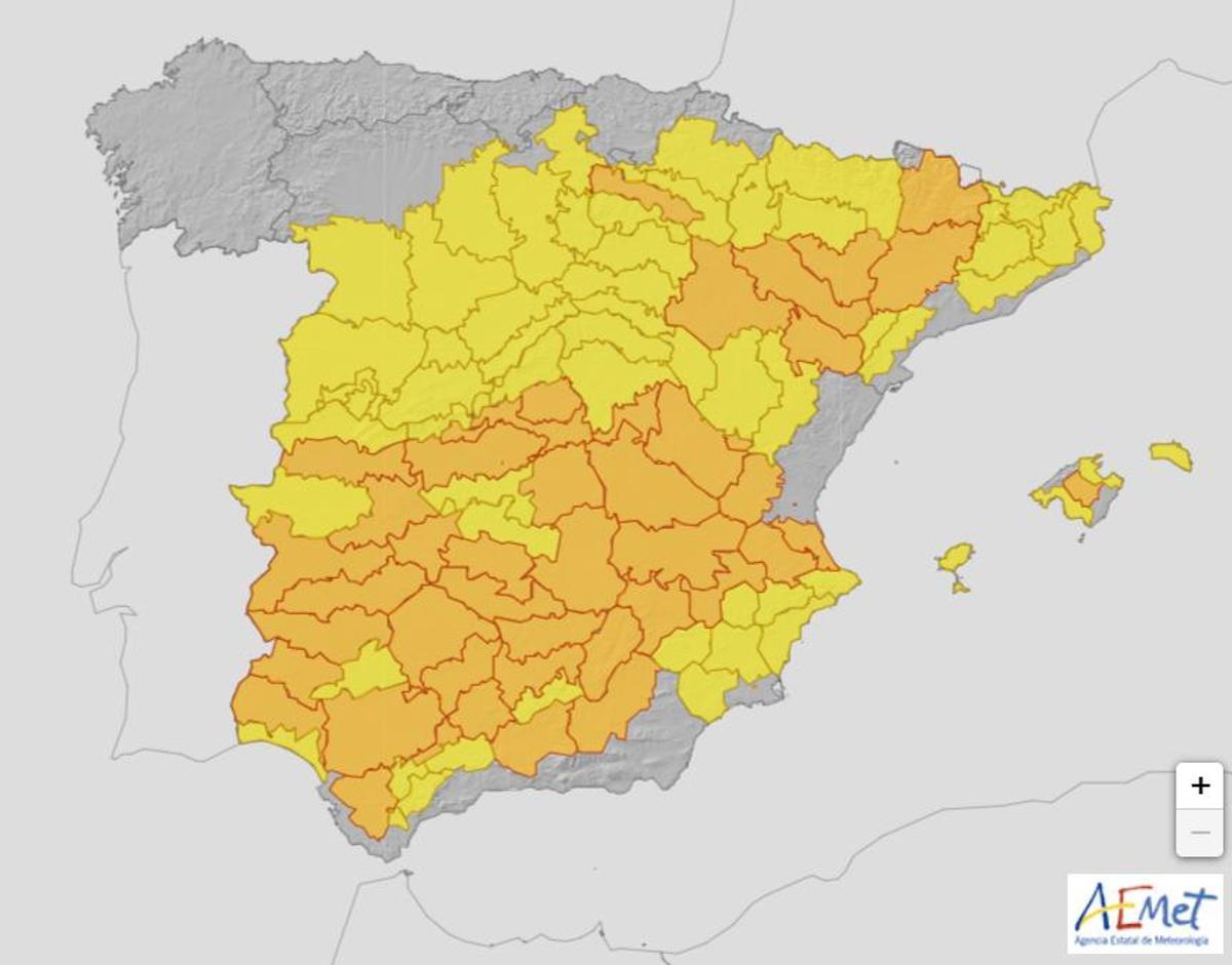 Mapa de las alertas amarillas y naranjas de la AEMET por temperaturas máximas elevadas para este viernes 19 de julio de 2024