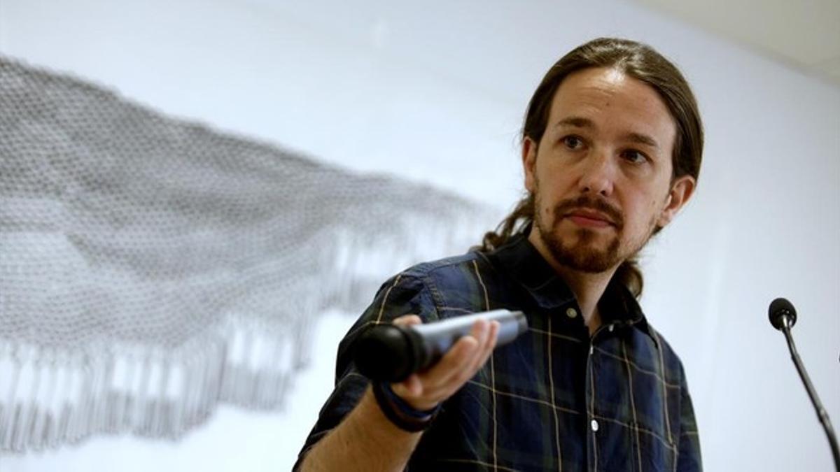 El secretario general de Podemos, Pablo Iglesias, en una rueda de prensa el pasado 28 de mayo.