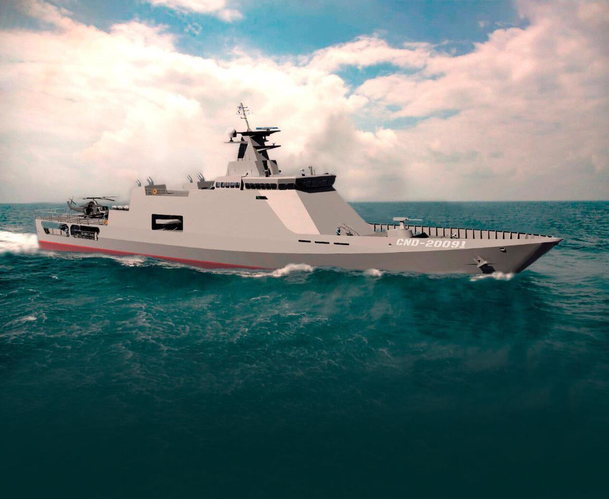 Infografía de la patrullera de vigilancia de altura para la Armada de Uruguay, encargada a los Astilleros Cardama. RECREACION VIRTUAL. REPRESENTACION. OPV. OFFSHORE PATROL VESSELS. BARCO. BUQUE. CONSTRUCCION NAVAL
