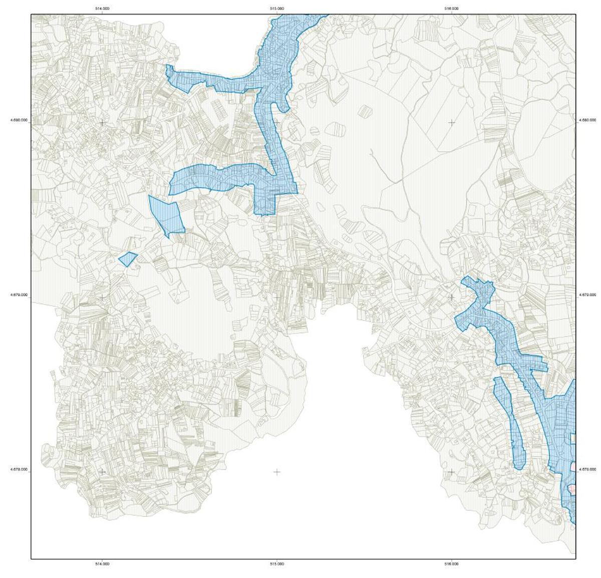 Plano con algunas de las nuevas zonas de IBI urbano en O Hío y Aldán (arriba) y Darbo (abajo, derecha).