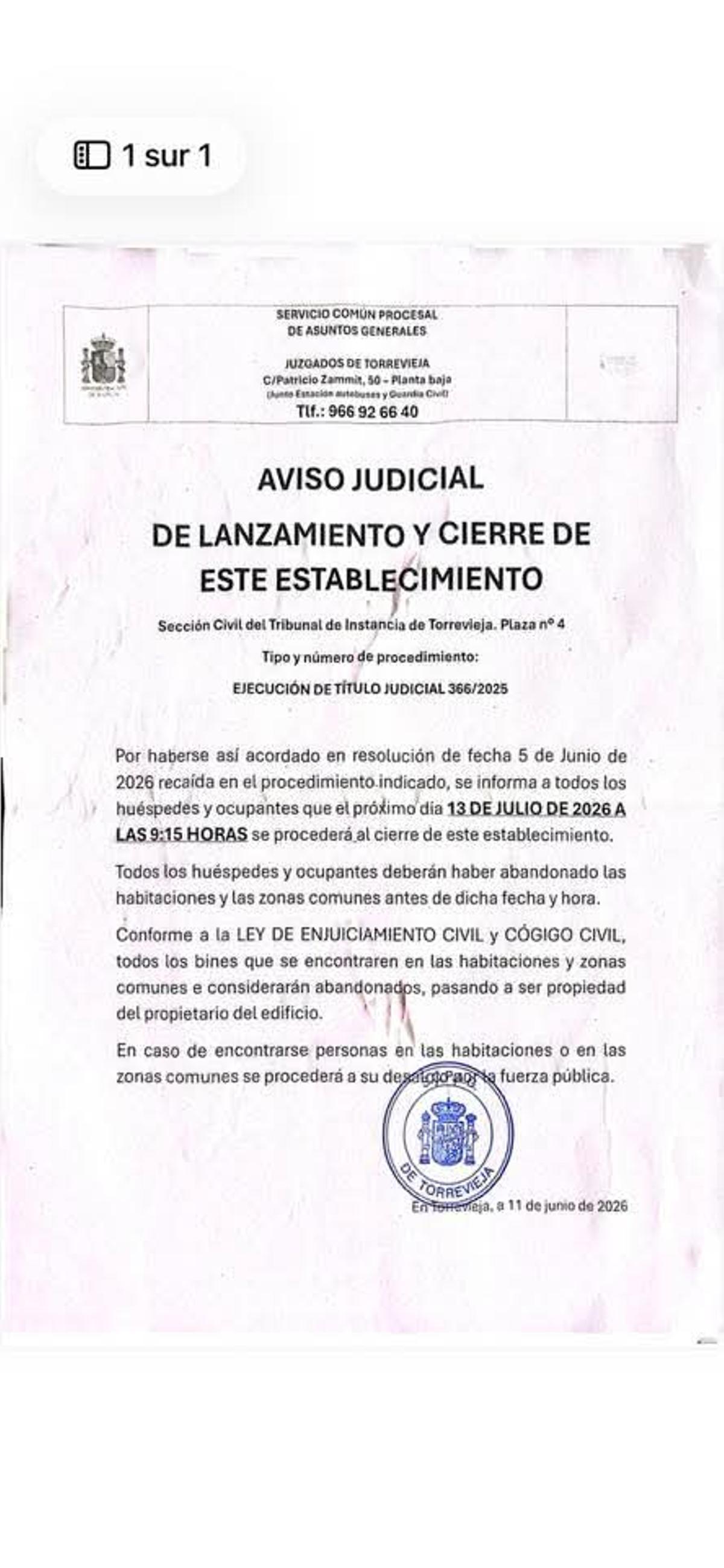 Aviso judicial que ha llegado al Hotel Sole Bello