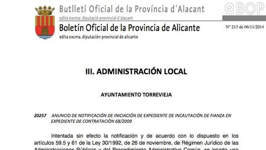 El Ayuntamiento de Torrevieja no localiza a la empresa del sobrino de Cotino