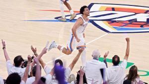 OKLAHOMA CITY, OKLAHOMA - MAY 26: Jared McCain #3 of the Oklahoma City Thunder celebrates during the fourth quarter of a game against the San Antonio Spurs in Game Five of the NBA Western Conference Finals at Paycom Center on May 26, 2026 in Oklahoma City, Oklahoma. NOTE TO USER: User expressly acknowledges and agrees that, by downloading and or using this photograph, User is consenting to the terms and conditions of the Getty Images License Agreement. Christian Petersen/Getty Images/AFP (Photo by Christian Petersen / GETTY IMAGES NORTH AMERICA / Getty Images via AFP). NOTE TO USER: User expressly acknowledges and agrees that, by downloading and or using this photograph, User is consenting to the terms and conditions of the Getty Images License Agreement