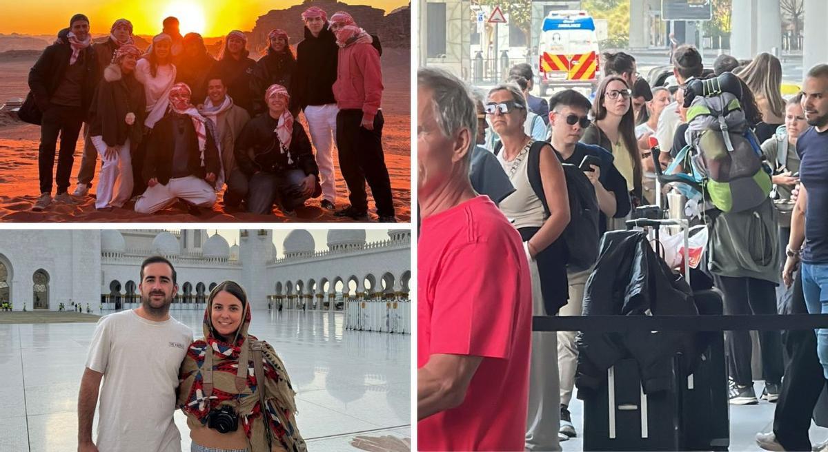 Montaje del grupo de Erasmus españoles en Jordania, la pareja viguesa en la mezquita de Abu Dhabi y las  las colas en el aeropuerto de Abu Dhabi.