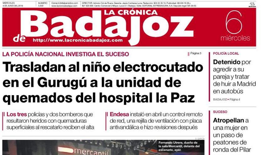 Esta es la portada de LA CRÓNICA DE BADAJOZ correspondiente al día 6 de junio del 2018