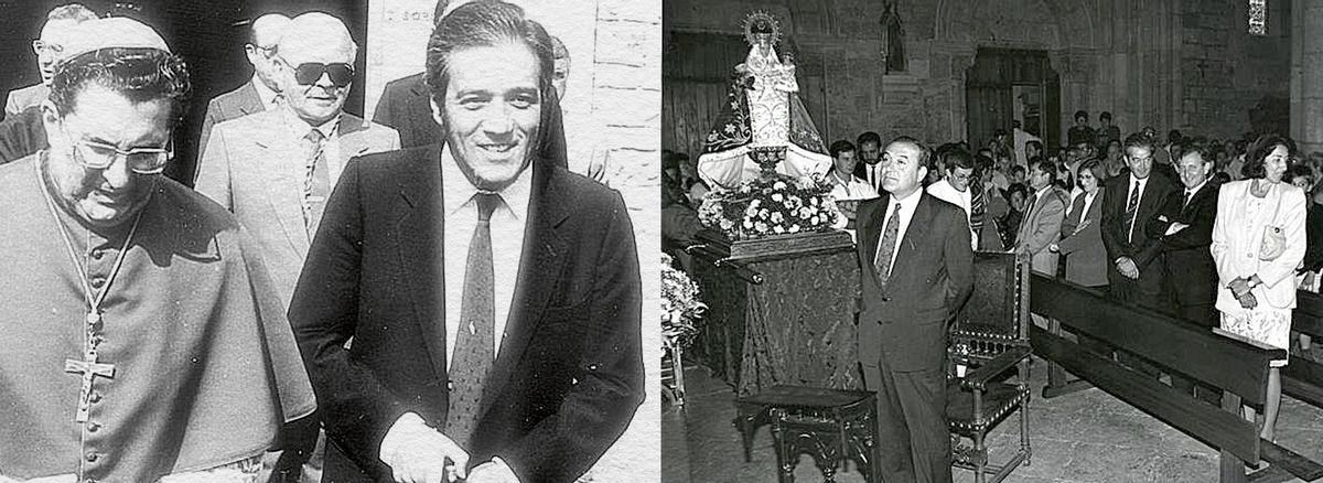 Por la izquierda, Gabino Díaz Merchán y Pedro de Silva, en Covadonga en 1984. Al lado, Juan Luis Rodríguez-Vigil en su primera misa durante un Día de Asturias, el 8 de septiembre de 1991.