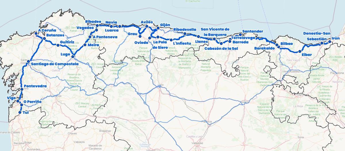 Ruta de autobús entre Vigo e Irún del corredor del Ministerio de Transportes