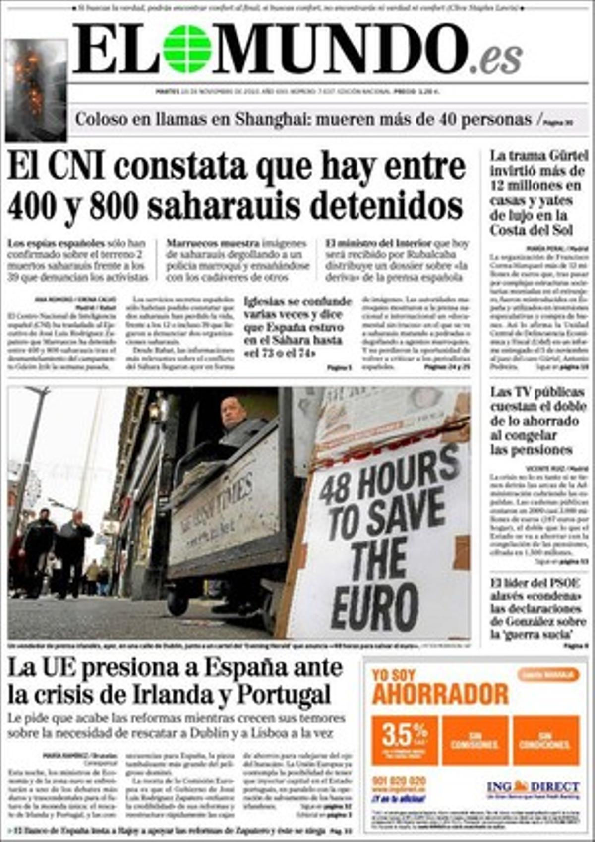 A les pàgines interiors, ’El Mundo’ ressalta les divergències entre les Conselleria de Treball i CCOO pels joves ’ni-ni’; i que el governador del Banc d’Espanya insta Rajoy a recolzar les reformes de Rodríguez Zapatero però el líder del PP s’hi nega.