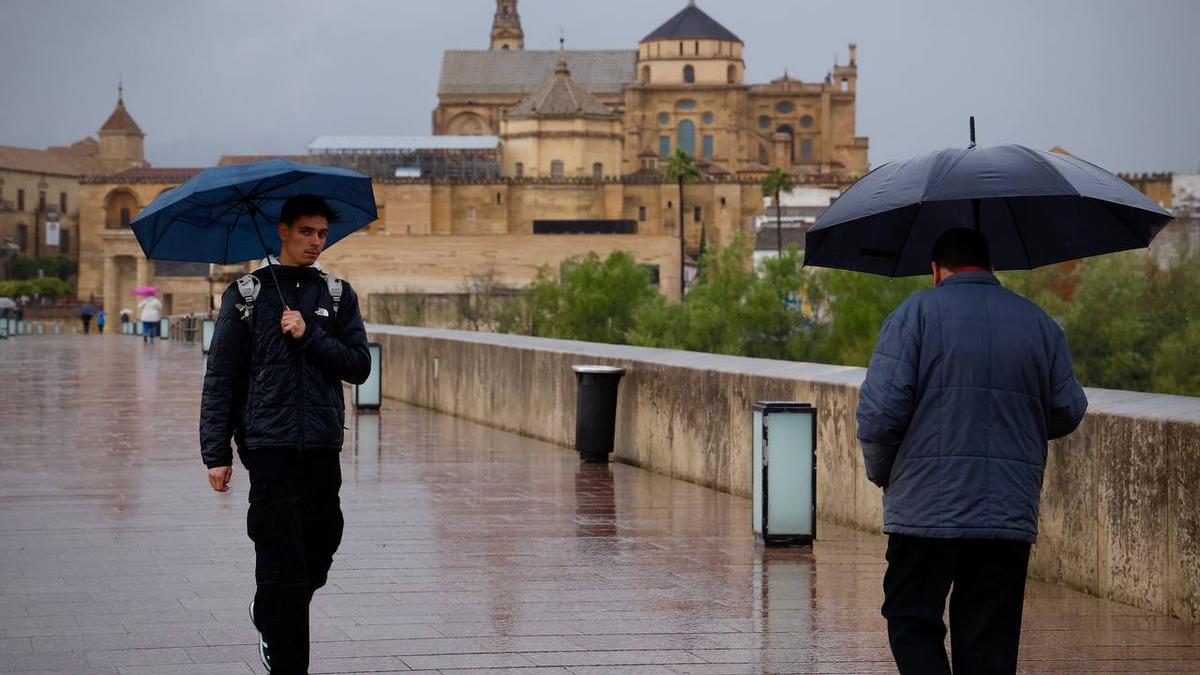 Dos personas, paraguas en mano, por el Puente Romano de Córdoba.