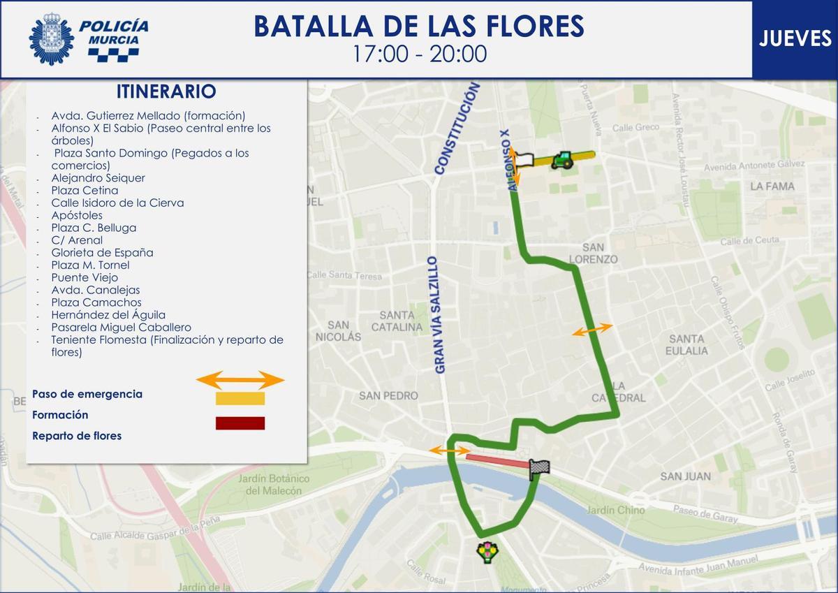 Mapa con el recorrido de la Batalla de las Flores 2026 en Murcia