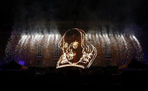 Flaming depiction of William Shakespeare is seen during a firework display at Royal Shakespeare Company marking 450th anniversary of Shakespeare's birth in Stratford-upon-Avon