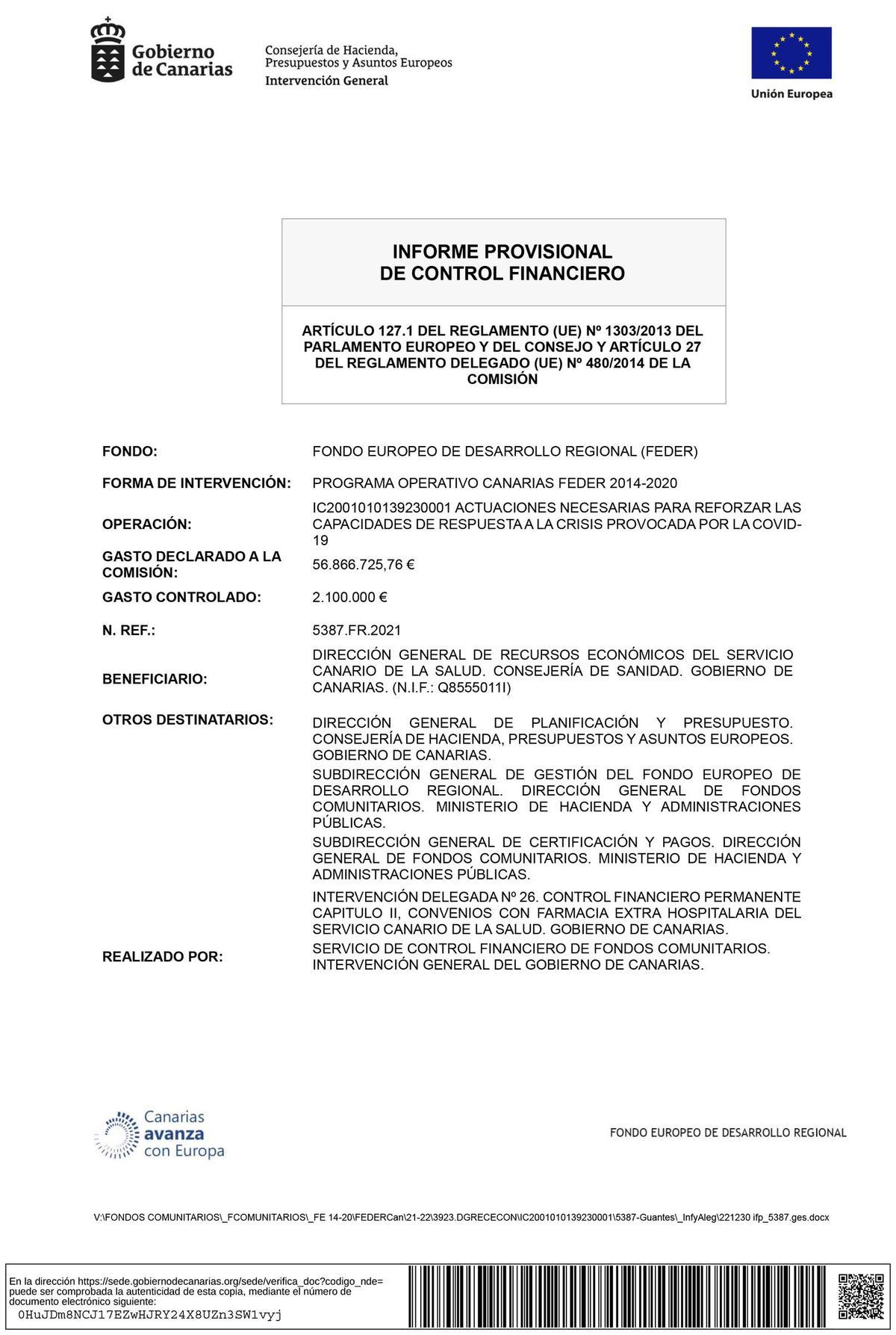 Primera página del informe de la Intervención General de Canarias que descubre las irregularidades en el contrato que cerró el SCS con la empresa Tanoja Service.