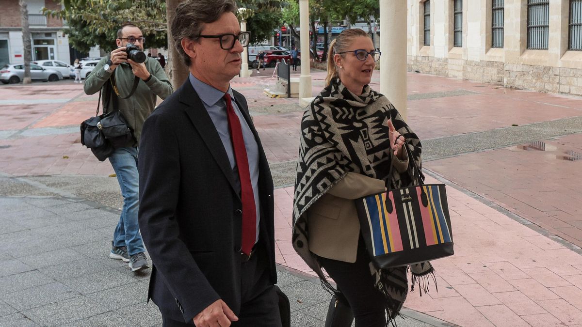 La concejala María del Carmen de España junto a su abogado llegando este miércoles al Palacio de Justicia de Benalúa para prestar declaración.