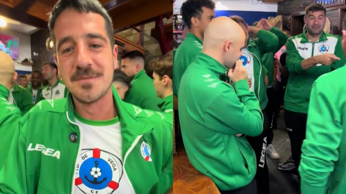 Los jugadores del Puerto de Vega, en la previa de la eliminatoria contra el Celta de Vigo