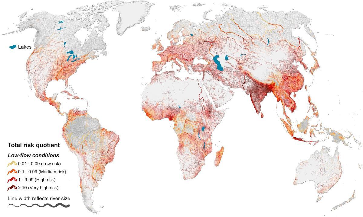 Los ríos más contaminados, en color más oscuro