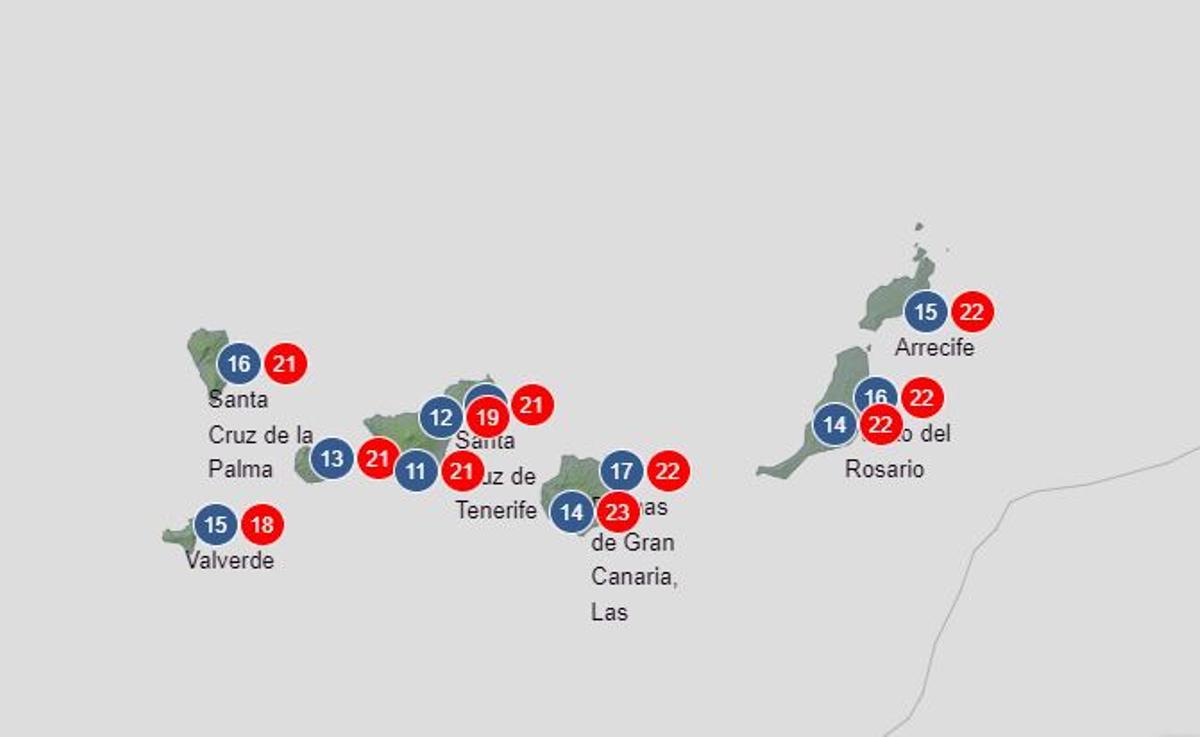 Imagen de la previsión meteorológica publicada por la Aemet para este fin de semana en Canarias.