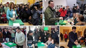 Els principals candidats a presidir la Junta, en el moment de votar: d’esquerra a dreta i de dalt a baix, Susana Díaz (PSOE), Juan Manuel Moreno (PP), Antonio Maíllo (IU), Teresa Rodríguez (Podem) i Juan Marín (Ciutadans).