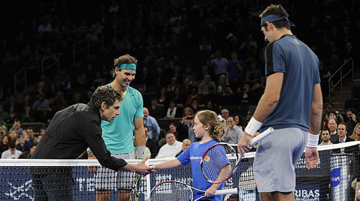 Rafa Nadal, Juan Martín del Potro, Ben Stiller i l’espectadora Rebecca Suárez juguen un punt.