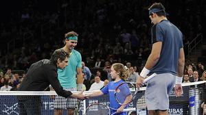 Rafa Nadal, Juan Martín del Potro, Ben Stiller i l’espectadora Rebecca Suárez juguen un punt.