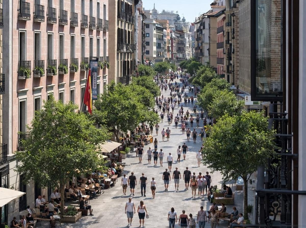 Recreación de la calle Mayor peatonalizada.