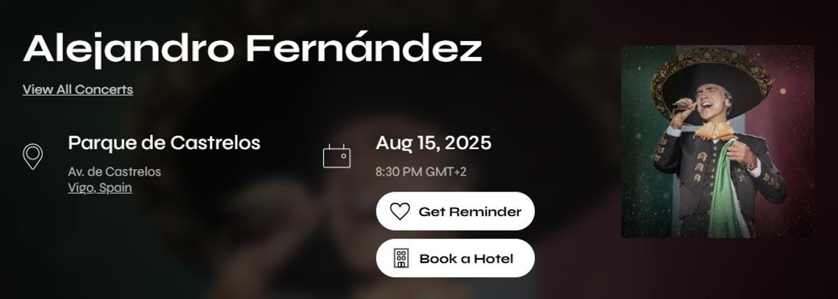 Captura de la plataforma de venta de entradas del concierto que Alejandro Fernández anuncia en Vigo.