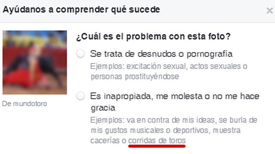 Una pantalla de Facebook que muestra la opción de denuncia.