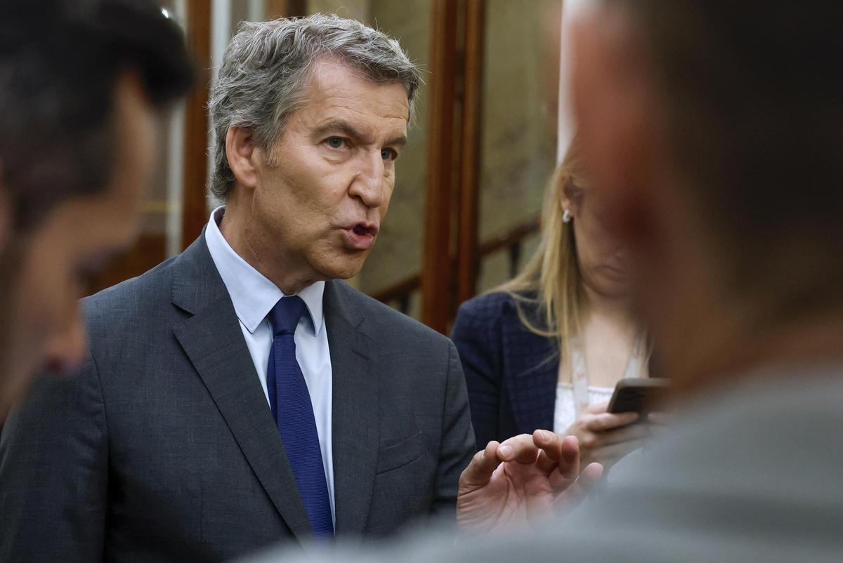 El presidente del PP, Alberto Núñez Feijóo, en los pasillos del Congreso.