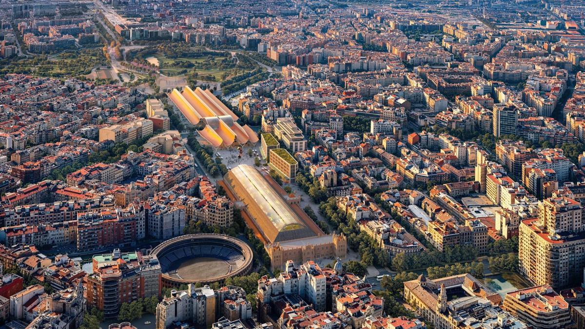 Figuración de la Estación Central de València en una imagen cenital de la ciudad