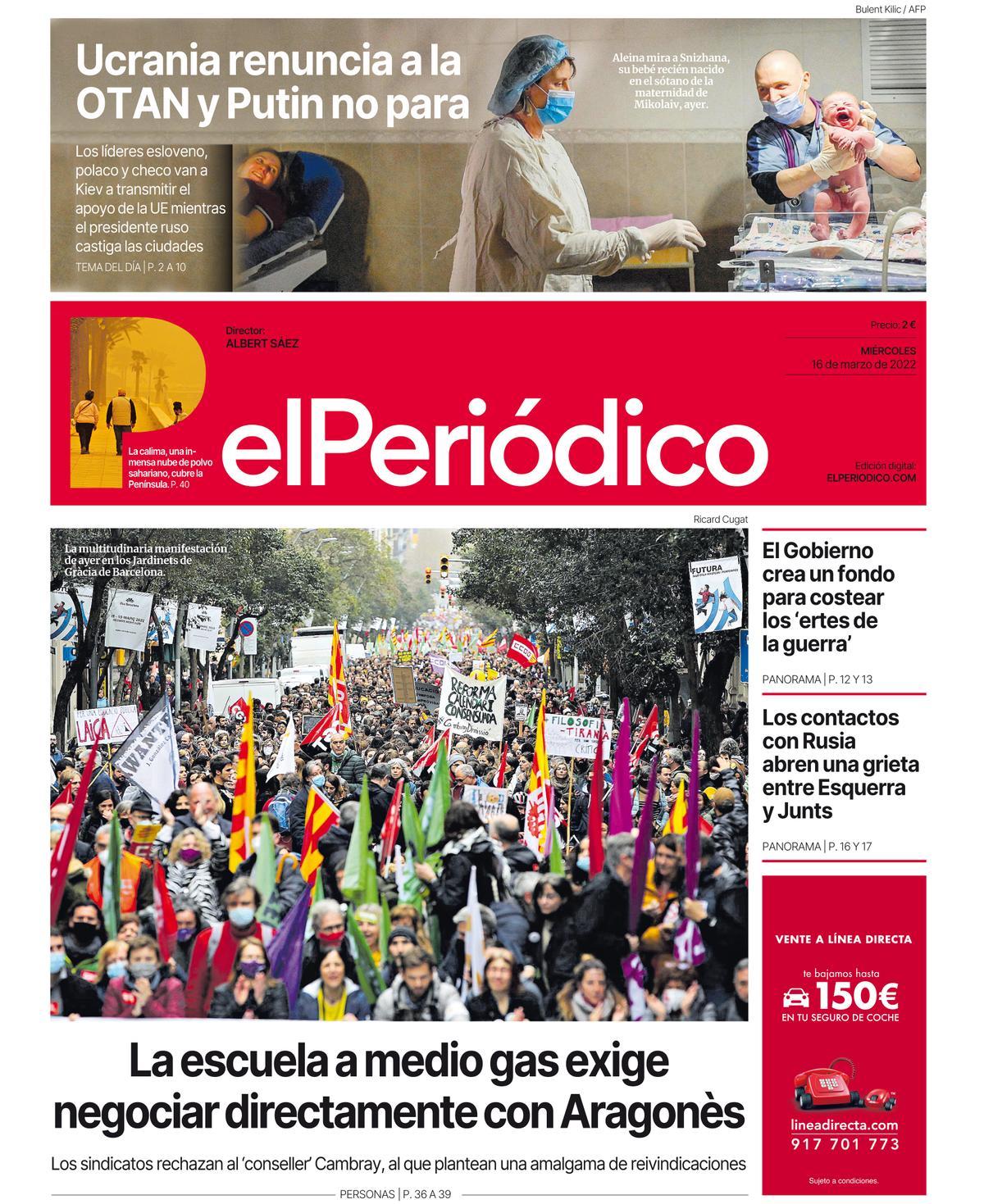 La portada d’EL PERIÓDICO del 16 de març del 2022