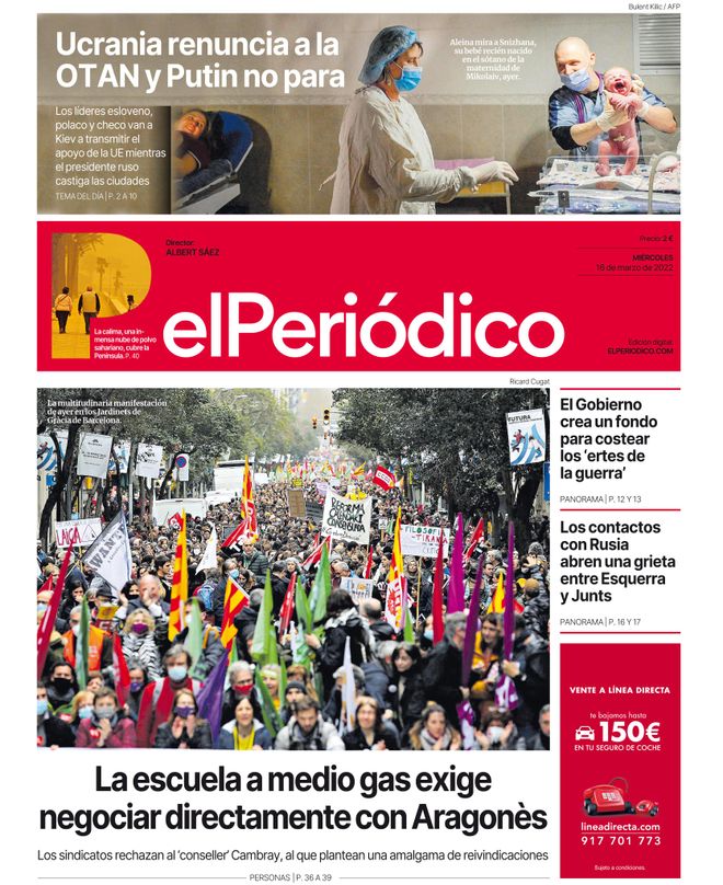 La portada d’EL PERIÓDICO del 16 de març del 2022