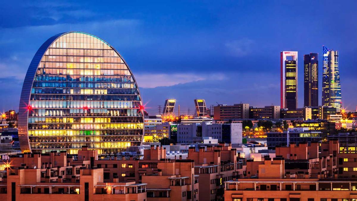 Madrid Financial district skyline at dusk. Spain