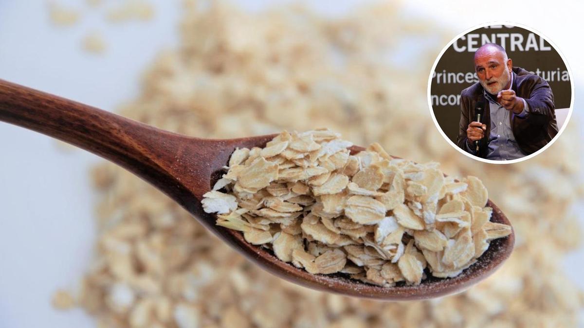 Copos de avena, y en el círculo, el chef José Andrés