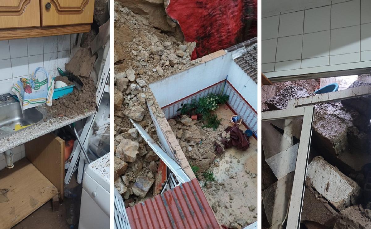 Destrozos por los desprendimientos de tierra en una de las viviendas afectadas en la calle Cervantes de Montoro.