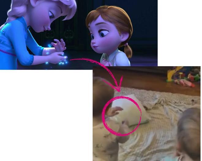 Escena Elsa y Ana en Frozen imitada por dos gemelas