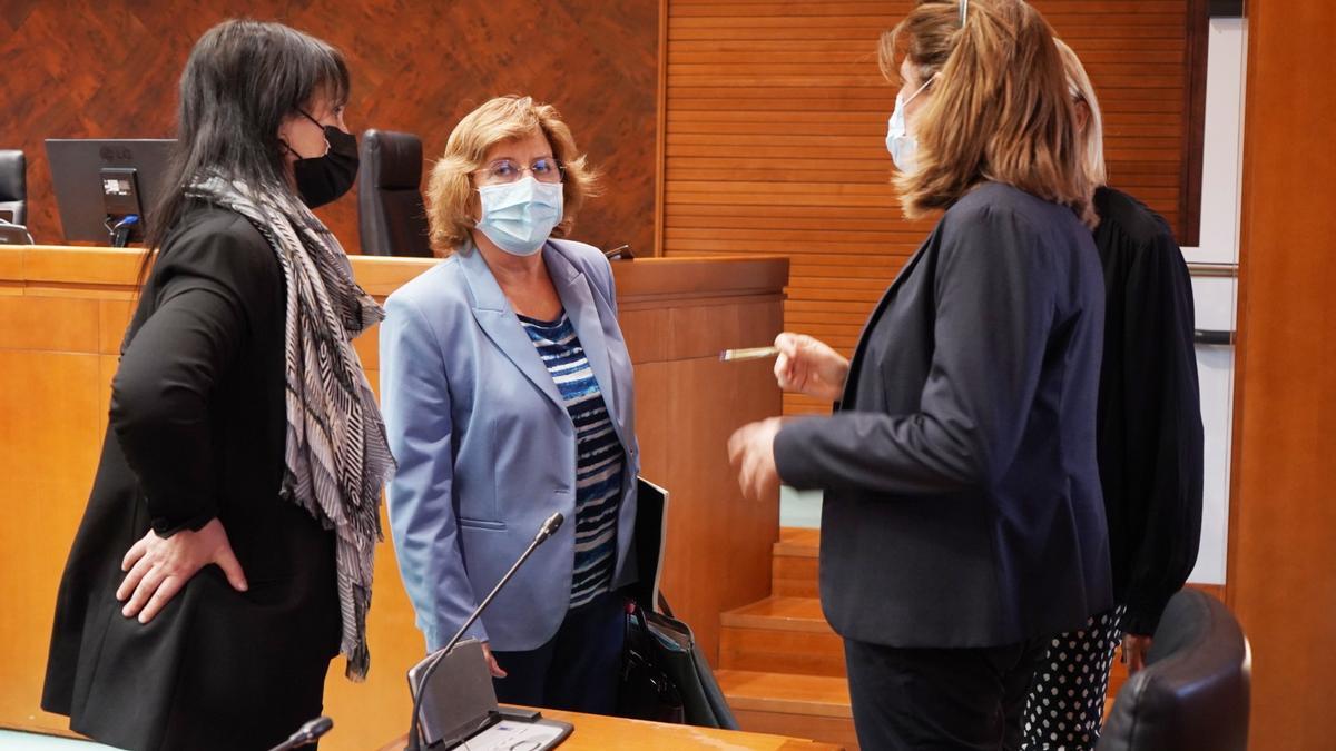 La consejera Broto charla con varias diputadas, este miércoles, antes de la comisión.