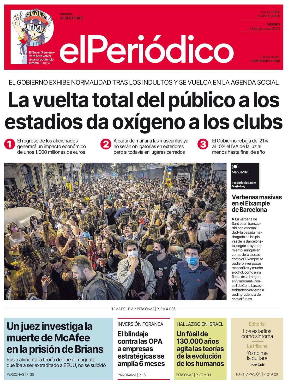 La portada d’EL PERIÓDICO del 25 de juny del 2021