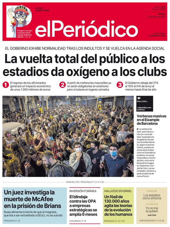 La portada d’EL PERIÓDICO del 25 de juny del 2021