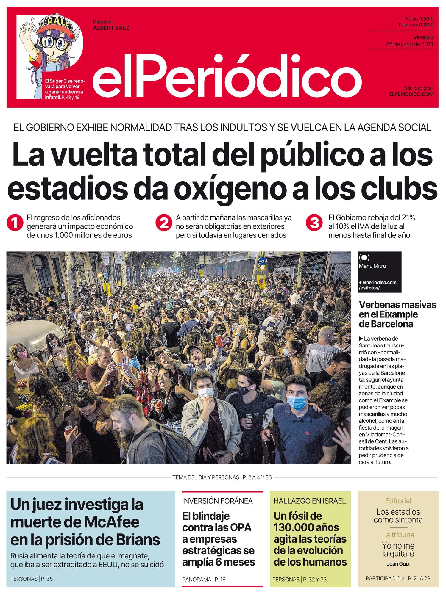 La portada de EL PERIÓDICO del 25 de junio de 2021