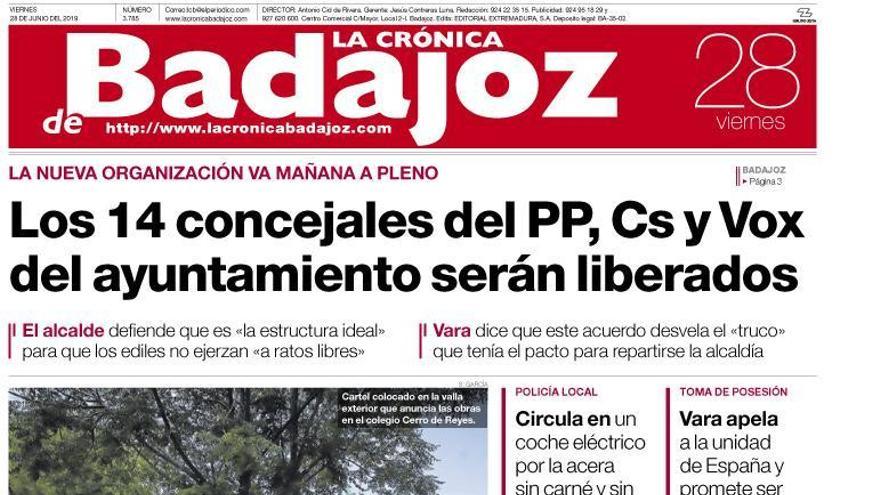 Esta es la portada de LA CRÓNICA DE BADAJOZ correspondiente al día 28 de junio del 2019