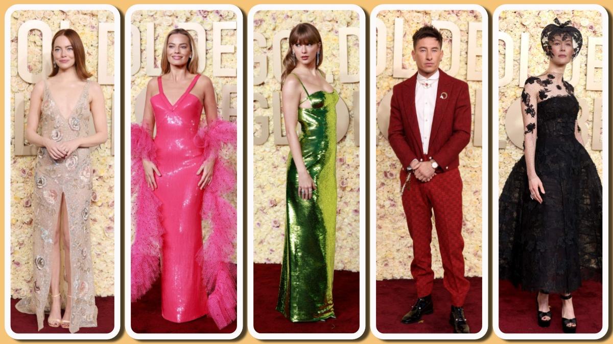 De izquierda a derecha, Emma Stone, Margot Robbie, Taylor Swift, Barry Keoghan y Rosamund Pike, en los Globos de Oro.