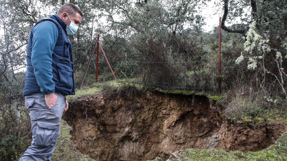 El trabajador de la finca de Cabra Alta y Baja muestra el  último socavón