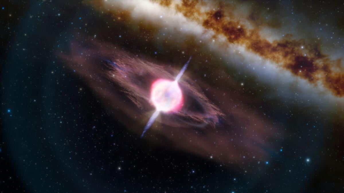 En esta ilustración, una estrella en colapso emite dos chorros cortos de rayos gamma, en forma de breves explosiones de radiación.