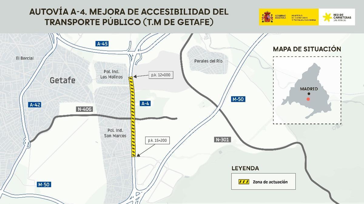 El Gobierno licita por 40 millones mejoras para la accesibilidad del transporte público en la A-4 a la altura de Getafe.
