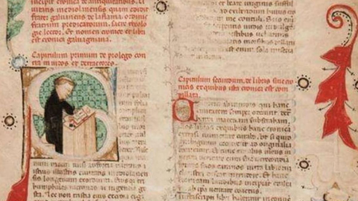 Páginas del manuscrito de Galvano Fiamma, que atestigua la existencia de un verdadero tratado cartográfico perdido sobre Canarias, obra de Giovanni da Carignano.