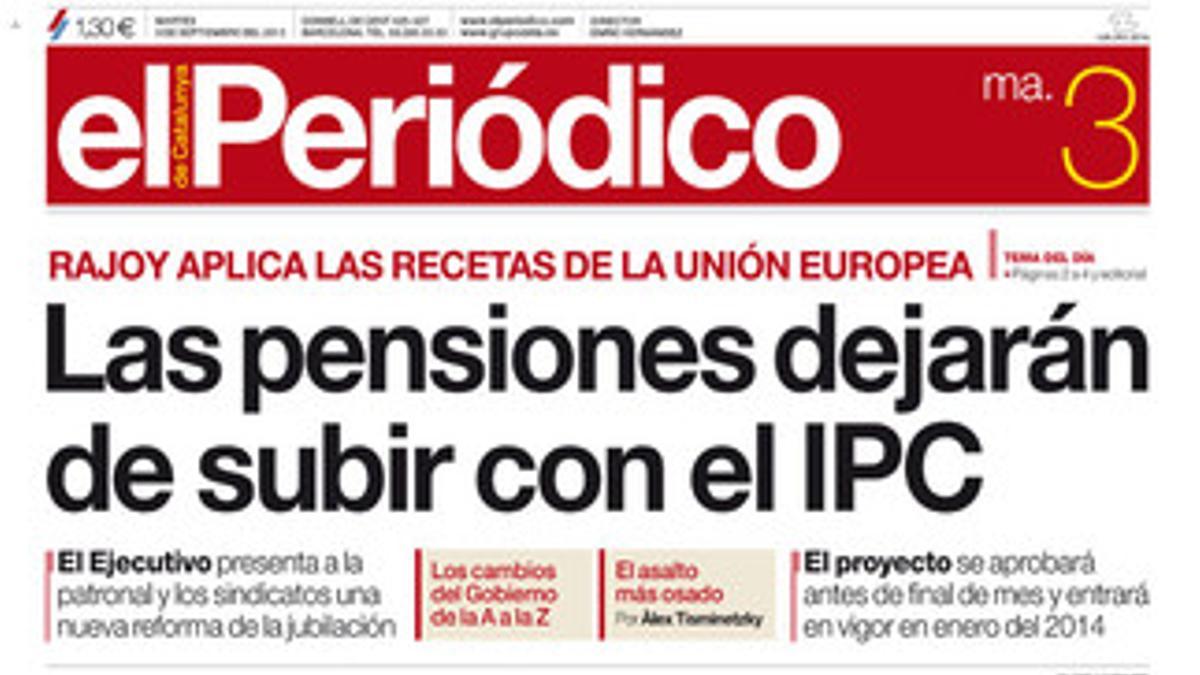 La portada de EL PERIÓDICO (3-9-2013).