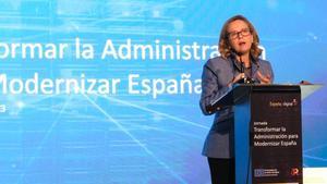 La vicepresidenta primera y ministra de Asuntos Económicos, Nadia Calviño, durante la clausura de la jornada Transformar la Administración para Modernizar España