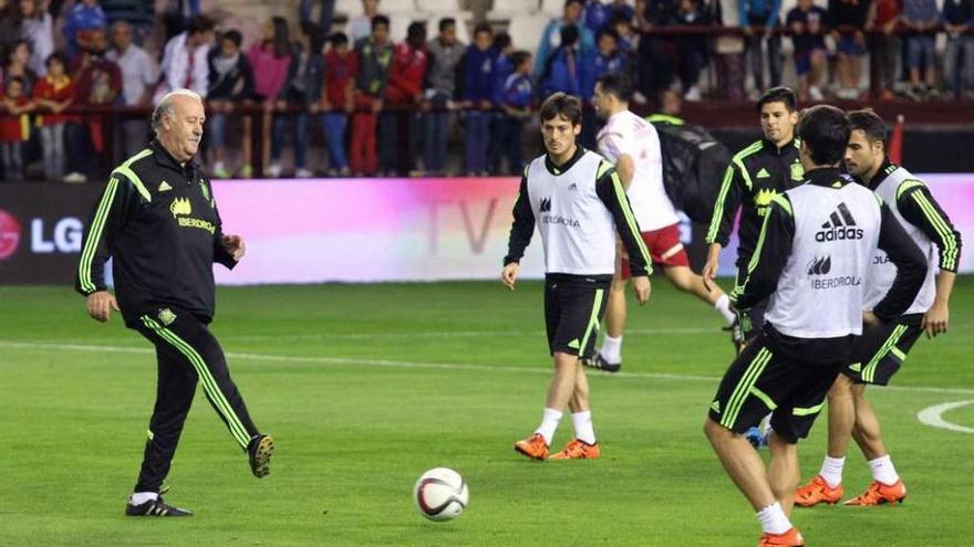 Del Bosque pelotea con varios futbolistas durante el entrenamiento de ayer en Las Gaunas.