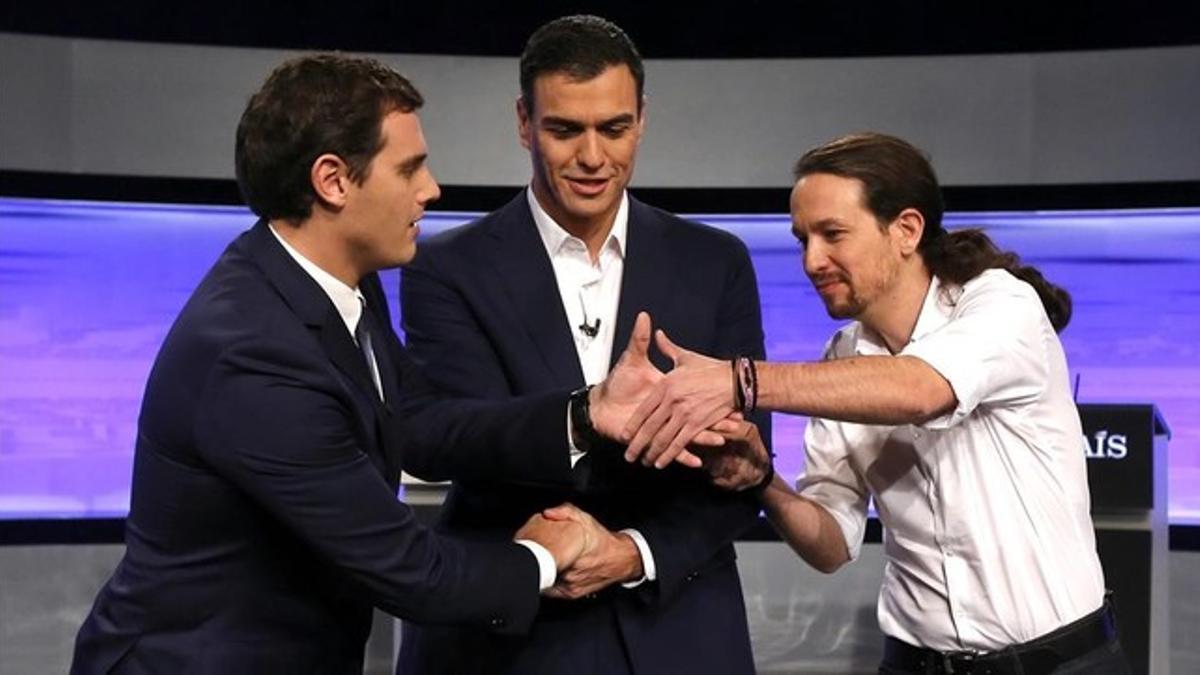Albert Rivera, Pedro Sánchez y Pablo Iglesias, en un debate televisivo.