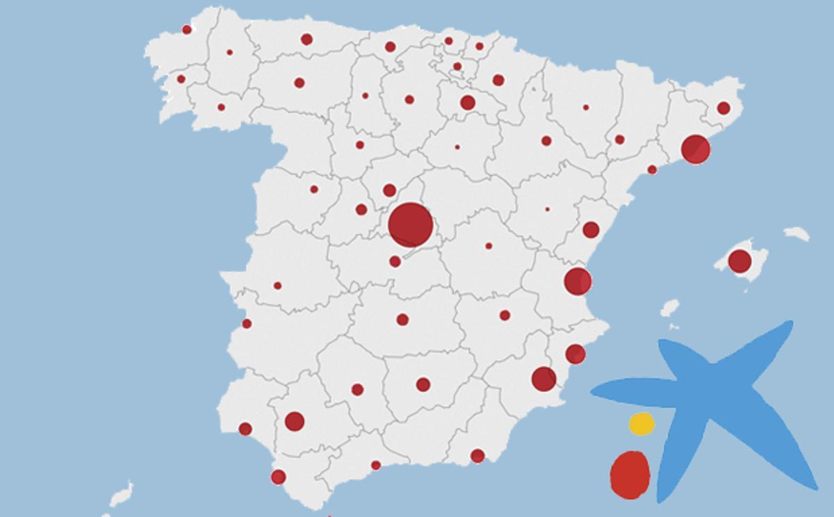 Mapa dels acomiadaments de CaixaBank per províncies